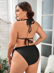 SHEIN Swim Curve 大碼草莓環連頸三角泳衣套裝，夏季海灘必備 - 黑色 - 查看 2