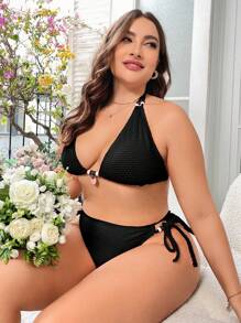 SHEIN Swim Curve 大碼草莓環連頸三角泳衣套裝，夏季海灘必備 - 黑色 - 查看 3