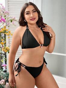 SHEIN Swim Curve 大碼草莓環連頸三角泳衣套裝，夏季海灘必備 - 黑色 - 查看 4