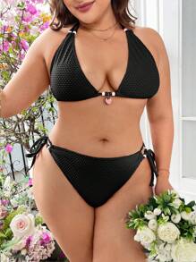 SHEIN Swim Curve 大碼草莓環連頸三角泳衣套裝，夏季海灘必備 - 黑色 - 查看 5