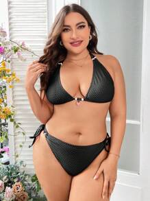 SHEIN Swim Curve 大碼草莓環連頸三角泳衣套裝，夏季海灘必備 - 黑色 - 查看 6