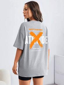 SHEIN EZwear Camiseta amplia con estampado de letra de hombros caídos - Gris Claro - Ver 3