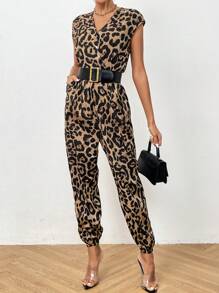 SHEIN Privé Leopard Print Batwing Sleeve Jumpsuit Without Belt - Multicolor - View 1