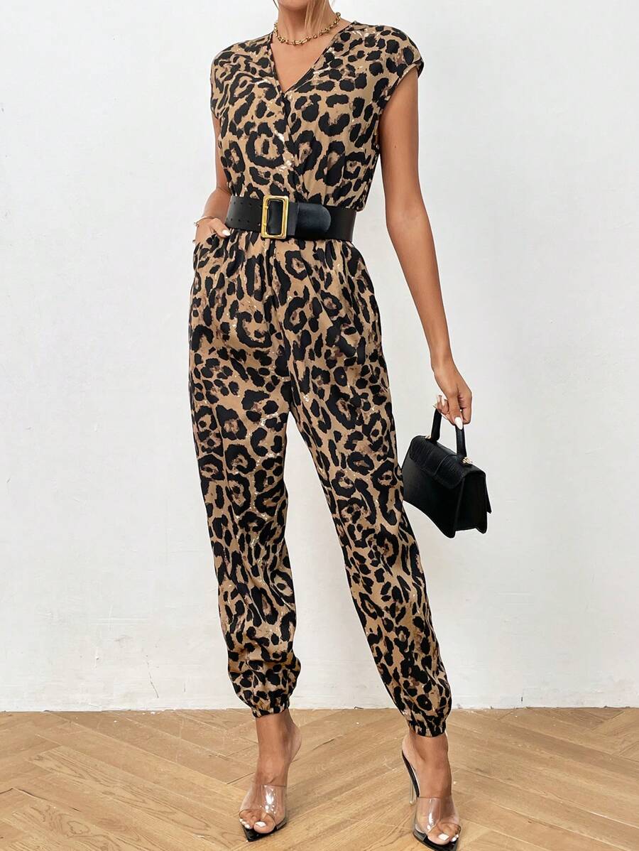 SHEIN Privé Leopard Print Batwing Sleeve Jumpsuit Without Belt - Multicolor - View 1