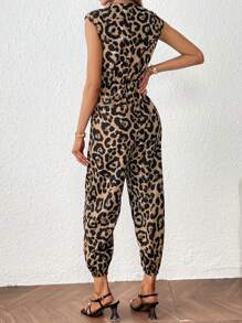 SHEIN Privé Leopard Print Batwing Sleeve Jumpsuit Without Belt - Multicolor - View 4