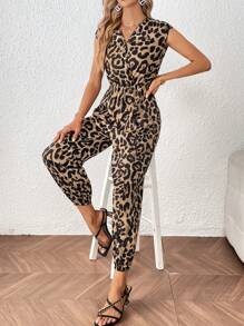 SHEIN Privé Leopard Print Batwing Sleeve Jumpsuit Without Belt - Multicolor - View 2
