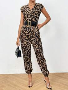 SHEIN Privé Leopard Print Batwing Sleeve Jumpsuit Without Belt - Multicolor - View 3