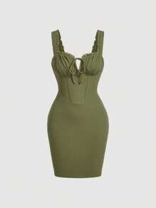 SHEIN MOD Đầm Tương phản ren Thắt nơ trước Nếp gấp Phần Ngực màu trơn Gợi cảm - xanh quân đội - Xem 1