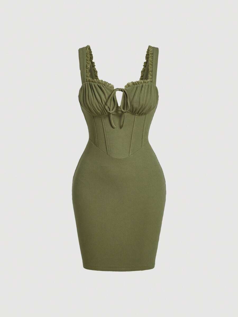 SHEIN MOD Đầm Tương phản ren Thắt nơ trước Nếp gấp Phần Ngực màu trơn Gợi cảm - xanh quân đội - Xem 1