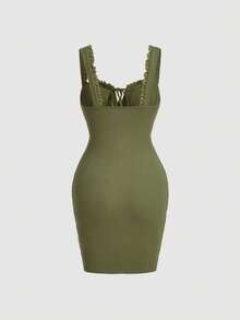 SHEIN MOD Đầm Tương phản ren Thắt nơ trước Nếp gấp Phần Ngực màu trơn Gợi cảm - xanh quân đội - Xem 2