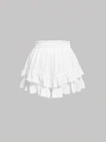 SHEIN X ELOISA & ORSON SHEIN MOD Shorts de cintura con volante ribete con encaje bajo con fruncido