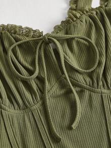 SHEIN MOD Đầm Tương phản ren Thắt nơ trước Nếp gấp Phần Ngực màu trơn Gợi cảm - xanh quân đội - Xem 3