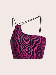 SHEIN ICON 斑馬紋不對稱領短款上衣 - 玫紅色 - 查看 1