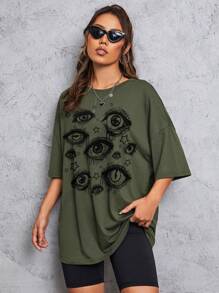 INAWLY Áo thun nữ Con số Giải trí - xanh quân đội - Xem 4