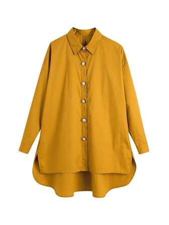 SHEIN Privé 素色前紐扣高低下擺襯衫
