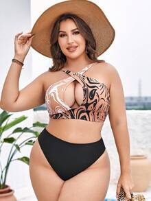 SHEIN Swim Curve Top bikini con estampado con tira cruzada delantera