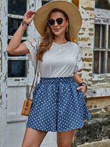 SHEIN LUNE 大碼1入組波卡圓點前繫帶闊腿短褲 - 藍白色 - 查看 5