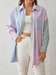 SHEIN Frenchy 大碼1入組條紋印花撞色落肩袖襯衫 - 彩色 - 查看 1