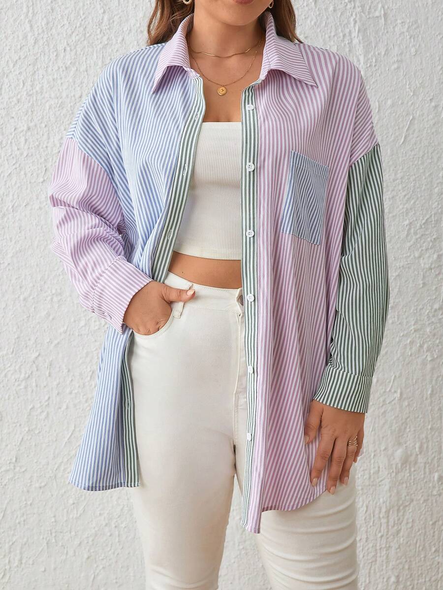 SHEIN Frenchy 大碼1入組條紋印花撞色落肩袖襯衫 - 彩色 - 查看 1