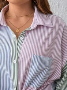 SHEIN Frenchy 大碼1入組條紋印花撞色落肩袖襯衫 - 彩色 - 查看 2