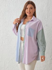 SHEIN Frenchy 大碼1入組條紋印花撞色落肩袖襯衫 - 彩色 - 查看 3