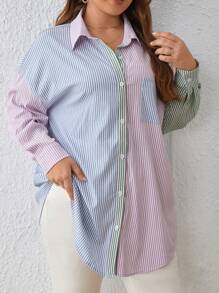 SHEIN Frenchy 大碼1入組條紋印花撞色落肩袖襯衫 - 彩色 - 查看 6