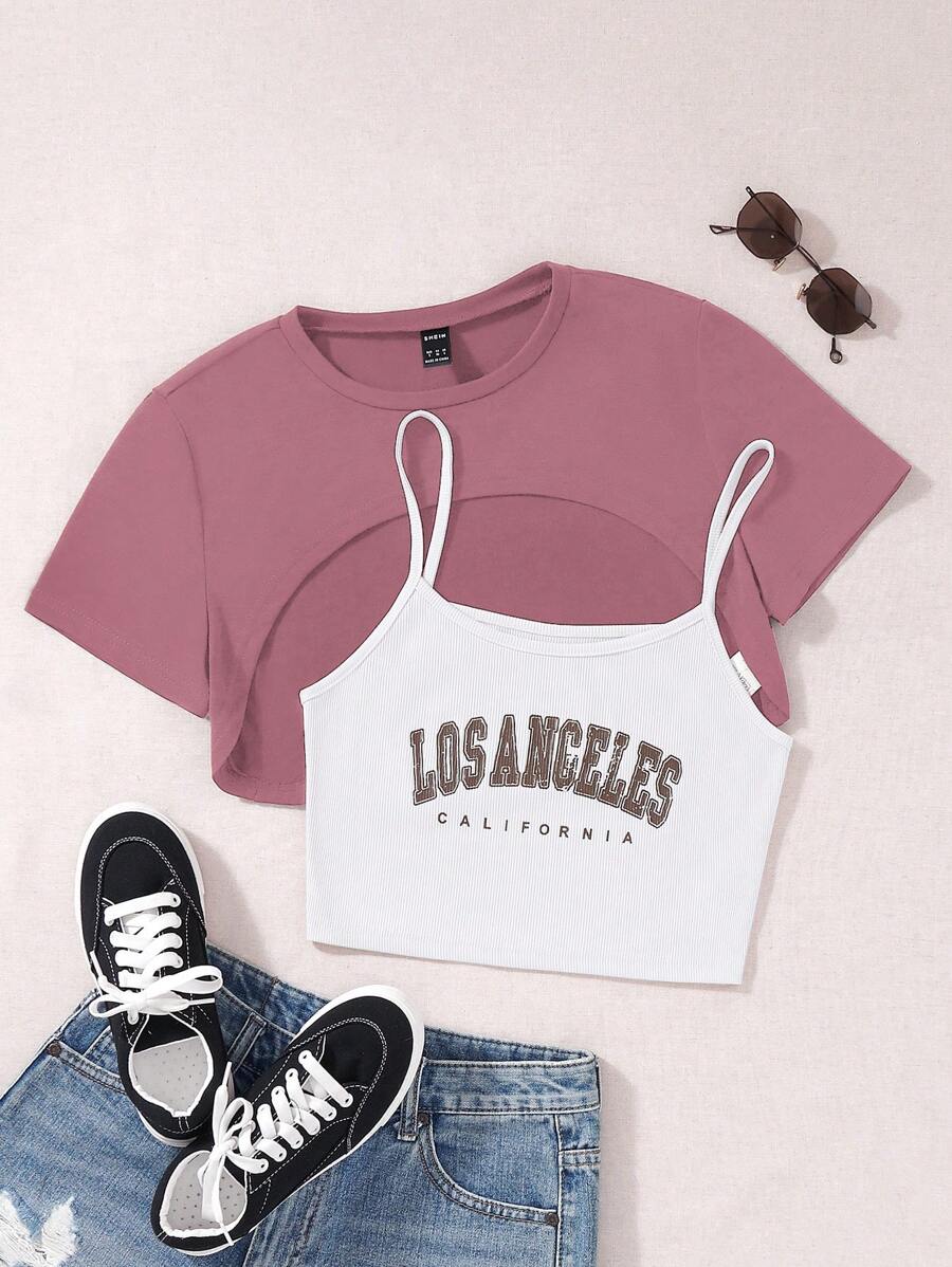 SHEIN Unity Áo thun nữ Cao thấp Gân đan Lá thư Giải trí - Nhiều màu - Xem 1