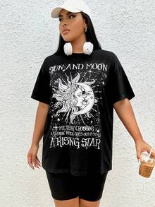 SHEIN EZwear 大碼太陽和標語圖案落肩T恤 - 黑色 - 查看 4