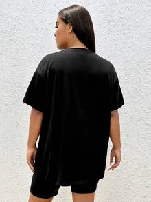 SHEIN EZwear 大碼太陽和標語圖案落肩T恤 - 黑色 - 查看 2