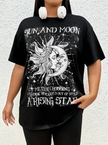 SHEIN EZwear 大碼太陽和標語圖案落肩T恤 - 黑色 - 查看 1