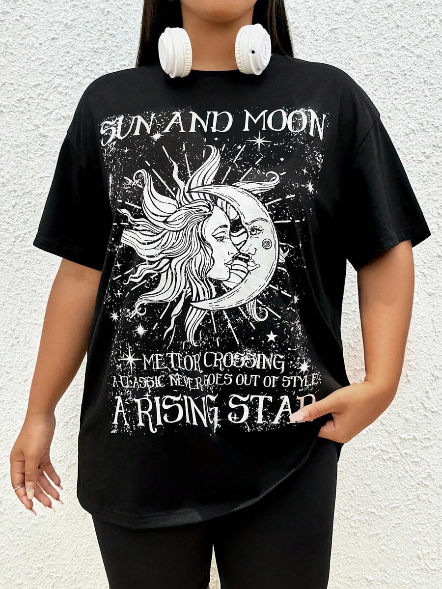 SHEIN EZwear 大碼太陽和標語圖案落肩T恤 - 黑色 - 查看 1