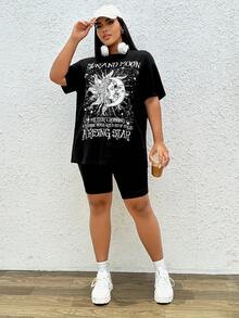SHEIN EZwear 大碼太陽和標語圖案落肩T恤 - 黑色 - 查看 5