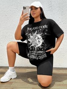SHEIN EZwear 大碼太陽和標語圖案落肩T恤 - 黑色 - 查看 6