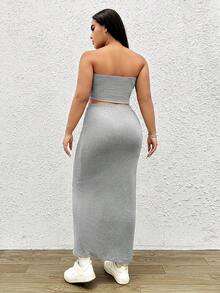 SHEIN EZwear 大碼褶邊短款抹胸上衣和半身裙