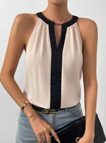 EMERY ROSE Contrast Trim Keyhole Neckline Blouse Going Out Tops, Going Out Top