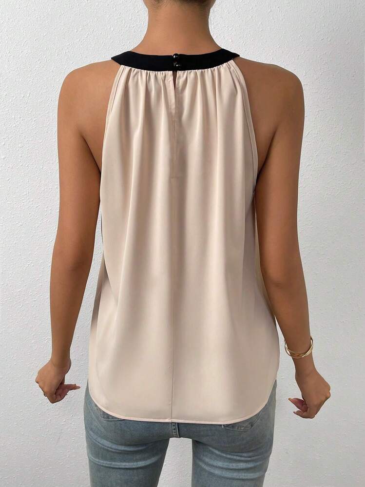 EMERY ROSE Contrast Trim Keyhole Neckline Blouse Going Out Tops, Going Out Top - Apricot - View 2