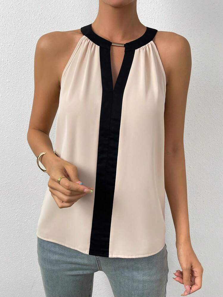 EMERY ROSE Contrast Trim Keyhole Neckline Blouse Going Out Tops, Going Out Top - Apricot - View 3