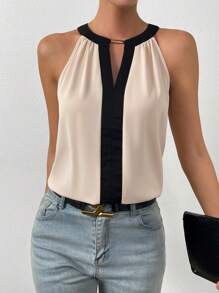 EMERY ROSE Contrast Trim Keyhole Neckline Blouse Going Out Tops, Going Out Top