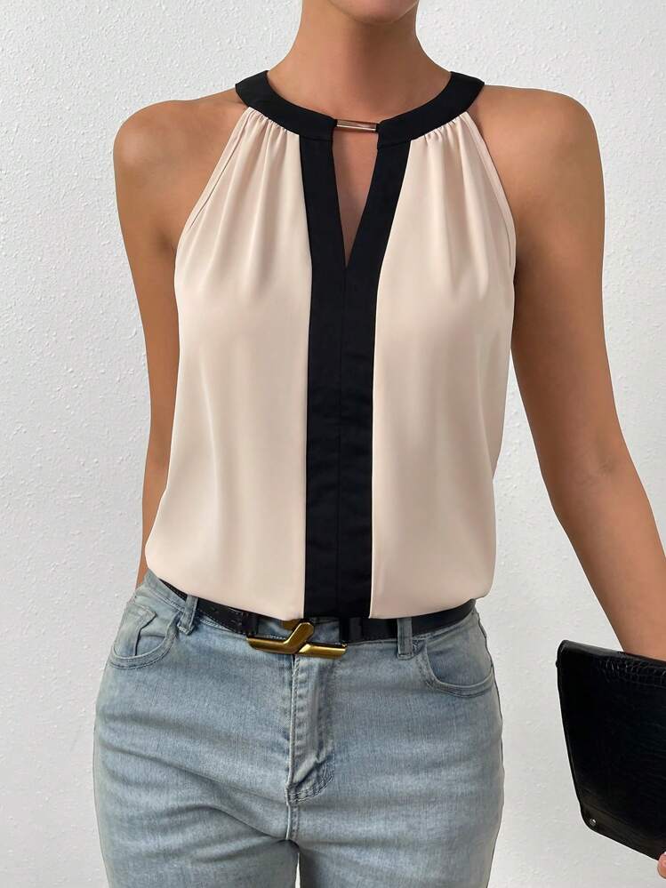 EMERY ROSE Contrast Trim Keyhole Neckline Blouse Going Out Tops, Going Out Top - Apricot - View 4