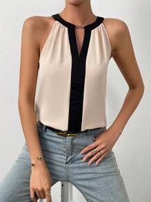 EMERY ROSE Contrast Trim Keyhole Neckline Blouse Going Out Tops, Going Out Top