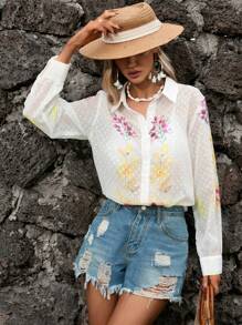 SHEIN VCAY 圓點印花前紐扣襯衫 - 杏色 - 查看 1