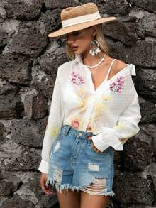 SHEIN VCAY 圓點印花前紐扣襯衫 - 杏色 - 查看 3