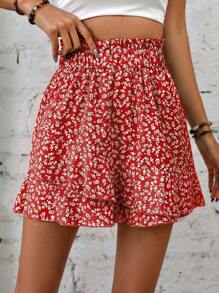 SHEIN VCAY Quần đùi nữ Viên lá sen Quần paper-bag Họa tiết hoa Giải trí - Đỏ và trắng - Xem 6