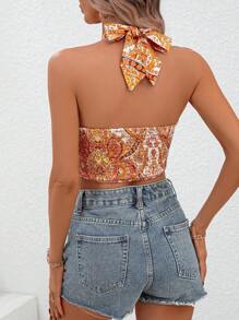 SHEIN VCAY Paisley Print Tie Backless Halter Top - Multicolor - View 2