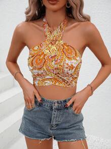 SHEIN VCAY Paisley Print Tie Backless Halter Top - Multicolor - View 3