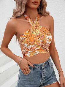 SHEIN VCAY Paisley Print Tie Backless Halter Top - Multicolor - View 6