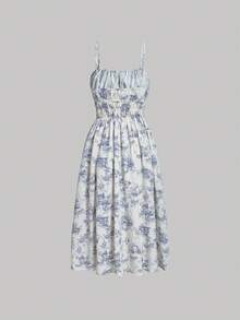 SHEIN MOD Đầm Thắt nơ trước Nếp gấp Phần Ngực Thực vật Tất cả trên in Giải trí - Xanh và trắng - Xem 2