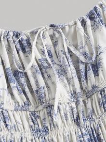 SHEIN MOD Đầm Thắt nơ trước Nếp gấp Phần Ngực Thực vật Tất cả trên in Giải trí - Xanh và trắng - Xem 3