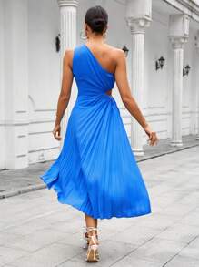 GENKIRA 單肩鏤空百褶下擺連衣裙 - 藍色 - 查看 2