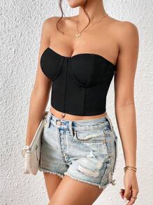 Allurite 素色緊身上衣短款抹胸上衣 - 黑色 - 查看 3